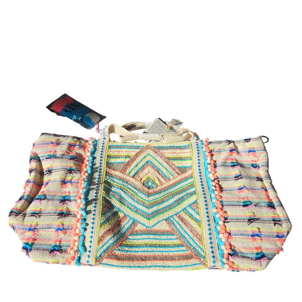 America & Beyond Colorful Boho Embroidered Beaded Tote Bag